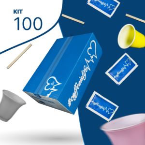 KIT 100 pezzi, bicchieri, zucchero bianco 4 gr. e bio palette in legno